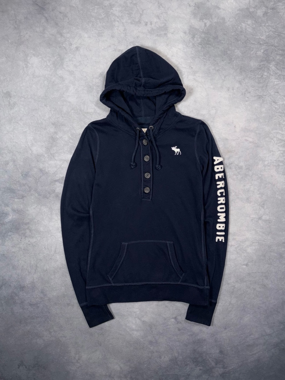 Vintage Abercrombie & Fitch Y2K Washed Navy Blue Moose Logo Henley Hoodie